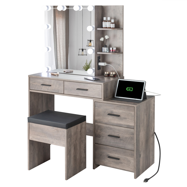 FCH Particleboard Triamine Veneer 5 Pumps 2 Shelves Mirror Cabinet Three Dimming Light Bulb Dressing Table Set Grey