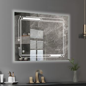 FCH 28*20in Geometric Elements Aluminum Alloy Rectangular Built-In Light Strip With Anti-Fog Touch Adjustable Brightness Power-Off Memory Three-Tone Lighting Bathroom Mirror Silver
