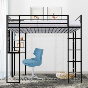 Twin Size Loft Bed with Desk and Shelves, Metal Loft Bed with 2 Built-in Ladders, Full-length Guardrail, Hold up to 200lbs,Noise Free,79.53\\"L x 42.13\\"W x 72.01\\"H