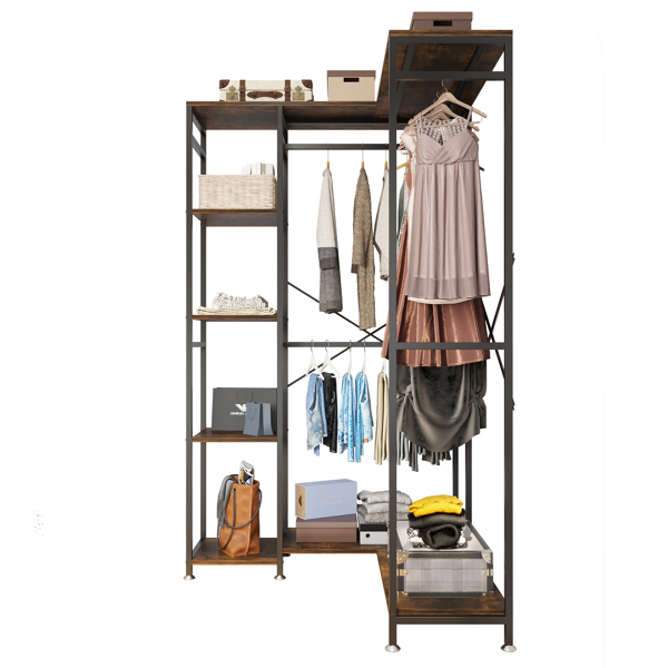 Free-Standing  L Shaped Closet Clothing Rack, Independent wardrobe manager, clothes rack, multiple storage racksLarge Heavy Duty Clothing Storage Shelving Unit for Bedroom Laundry Room, Brown