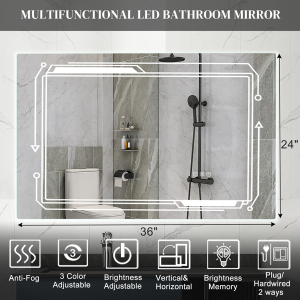 FCH 40*24in Geometric Elements Aluminum Alloy Rectangular Built-In Light Strip With Anti-Fog Touch Adjustable Brightness Power-Off Memory Three-Tone Lighting Bathroom Mirror Silver