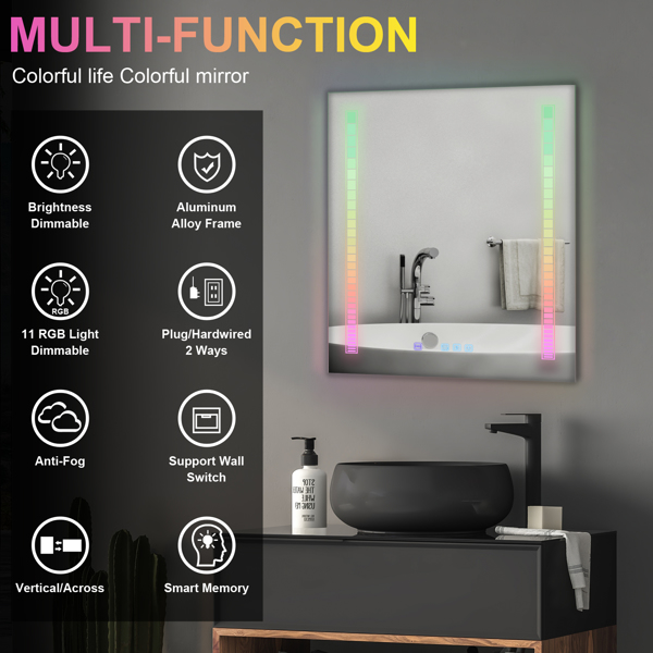 FCH 32*24in Symphony Elements Aluminum Alloy Rectangular Built-In Light Strip With Anti-Fog Touch Adjustable Brightness Power-Off Memory Three-Tone Lighting Bathroom Mirror Silver