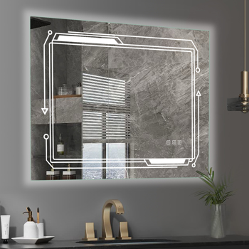 FCH 32*24in Geometric Elements Aluminum Alloy Rectangular Built-In Light Strip With Anti-Fog Touch Adjustable Brightness Power-Off Memory Three-Tone Lighting Bathroom Mirror Silver