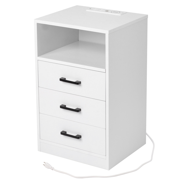 FCH 40*35*65cm Particleboard Pasted Triamine Three Drawers With Socket With LED Light Bedside Table White