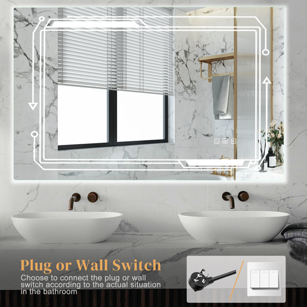 FCH 40*24in Geometric Elements Aluminum Alloy Rectangular Built-In Light Strip With Anti-Fog Touch Adjustable Brightness Power-Off Memory Three-Tone Lighting Bathroom Mirror Silver