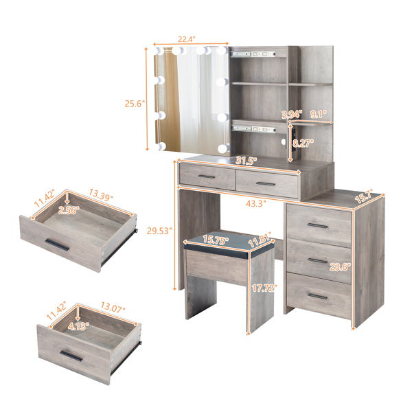FCH Particleboard Triamine Veneer 5 Pumps 2 Shelves Mirror Cabinet Three Dimming Light Bulb Dressing Table Set Grey