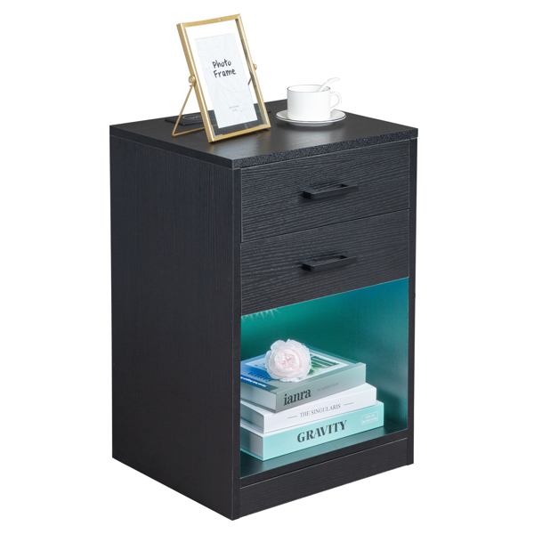 FCH 40*35*60cm Particleboard Pasted Triamine Two Drawers With Socket With LED Light Bedside Table Black