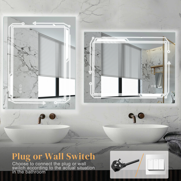 FCH 36*28in Geometric Elements Aluminum Alloy Rectangular Built-In Light Strip With Anti-Fog Touch Adjustable Brightness Power-Off Memory Three-Tone Lighting Bathroom Mirror Silver
