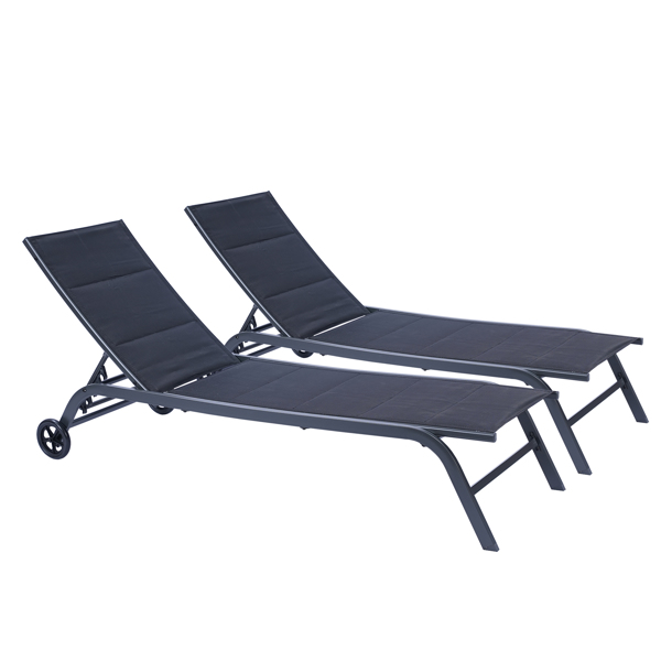 Outdoor 2-Pcs Set Chaise Lounge Chairs, Five-Position Adjustable Metal Recliner， Black  [Sale to Temu is Banned.Weekend can not be shipped, order with caution]
