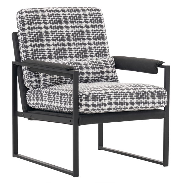 Single Iron Frame Chair, Soft Bag, Black And White Grid, Armrest Frame, Dark Gray Honeycomb Leather, Indoor Leisure Chair