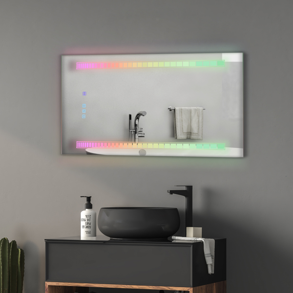 FCH 40*24in Symphony Elements Aluminum Alloy Rectangular Built-In Light Strip With Anti-Fog Touch Adjustable Brightness Power-Off Memory Three-Tone Lighting Bathroom Mirror Silver