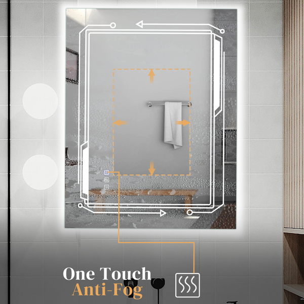 FCH 32*24in Geometric Elements Aluminum Alloy Rectangular Built-In Light Strip With Anti-Fog Touch Adjustable Brightness Power-Off Memory Three-Tone Lighting Bathroom Mirror Silver