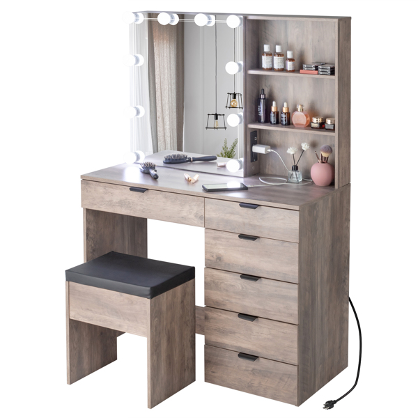 Particleboard Triamine Veneer 6 Drawers 2 Shelves 3 Light Bulbs Mirror Cabinet Dressing Table Set