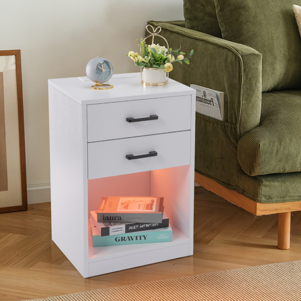 FCH 40*35*60cm Particleboard Pasted Triamine Two Drawers With Socket With LED Light Bedside Table White