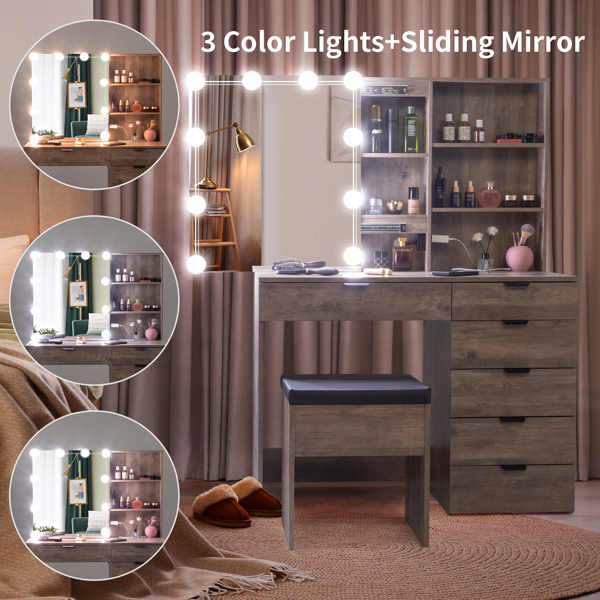 Particleboard Triamine Veneer 6 Drawers 2 Shelves 3 Light Bulbs Mirror Cabinet Dressing Table Set
