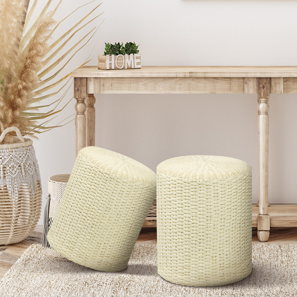 Decor Round Pouf Ottoman Double-Strand Beige Paper Rope Pouf Footrest, Foot Stool, for Bed Room Living | Room | Accent Seat 