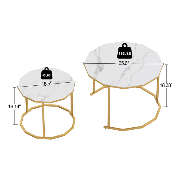 Marble Coffee Table End table 12-gon Shape, 25.6 " White Artificial Marble Top and Black Metal Legs can be used in living room, outdoor, anti-tip.(white+golden,25.6"W x 25.6"D x 18.4"H)