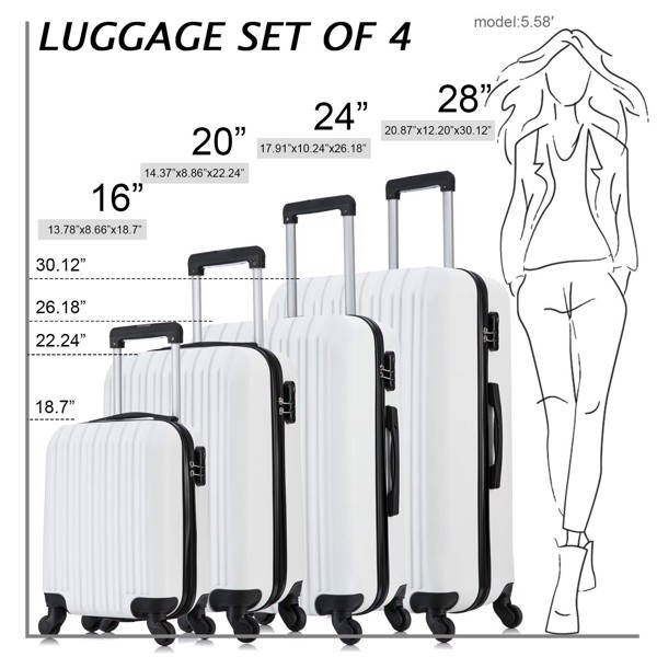 4 Piece Set Luggage Sets Suitcase ABS Hardshell Lightweight Spinner Wheels  Milk White