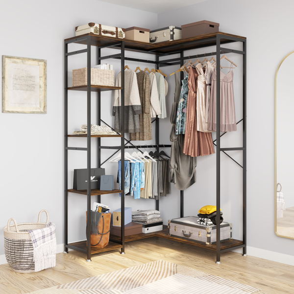 Free-Standing  L Shaped Closet Clothing Rack, Independent wardrobe manager, clothes rack, multiple storage racksLarge Heavy Duty Clothing Storage Shelving Unit for Bedroom Laundry Room, Brown