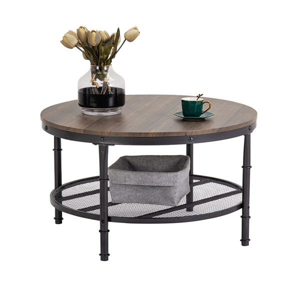 Bonnlo (81x81x49cm) Industrial Style Double Wood Grain Coffee Table 80 Round MDF Iron Mesh