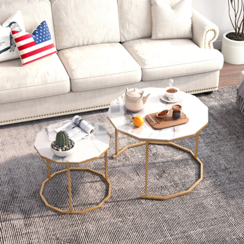 Marble Coffee Table End table 12-gon Shape, 25.6 \\" White Artificial Marble Top and Black Metal Legs can be used in living room, outdoor, anti-tip.(white+golden,25.6\\"W x 25.6\\"D x 18.4\\"H)