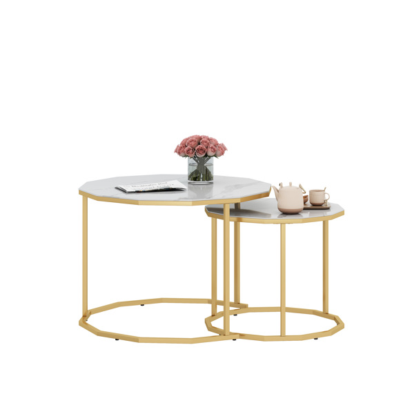 Marble Coffee Table End table 12-gon Shape, 25.6 " White Artificial Marble Top and Black Metal Legs can be used in living room, outdoor, anti-tip.(white+golden,25.6"W x 25.6"D x 18.4"H)