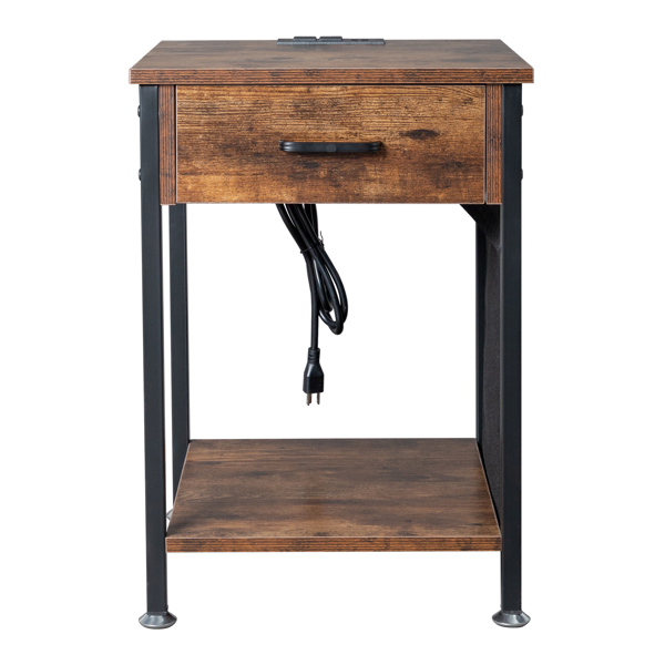 FCH Antique Wood Grain Color Particleboard Pasted With Triamine Black Iron Pipe, With Removable Felt Storage Bag On The Side, And 1.5M Long Power Cord USB Socket Bedside Cabinet