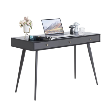 Modern Mid Century Desk 47\\" | Computer Desk with 3 Drawers, Black Wood Board with Oak Grain (Black Oak + Dark Grey),for Home Office
