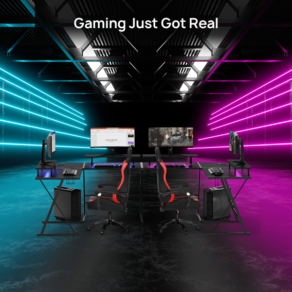 Gaming Desk, L Shaped Computer Corner Desk, 53" Ergonomic Gaming Table with Monitor Stands, PC Desk with LED Strips and Power Outlets, Carbon Fiber Surface with Cup Holder, Headphone Hook