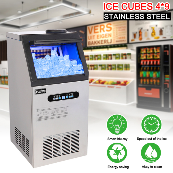 ZK-110 120V 495W 110lbs/50kg/24h Ice Maker Stainless Steel Transparent Frosted Lid/Display/4*9 Aluminum Ice Tray Commercial Silver