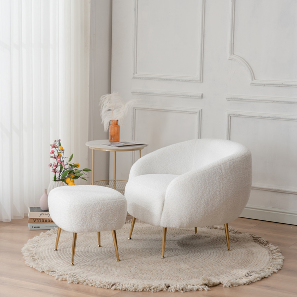 Faux Fur Barrel Accent Chair with Ottoman for Bedroom Living Room Guestroom, White