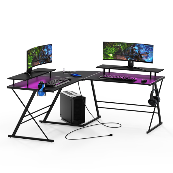Gaming Desk, L Shaped Computer Corner Desk, 53" Ergonomic Gaming Table with Monitor Stands, PC Desk with LED Strips and Power Outlets, Carbon Fiber Surface with Cup Holder, Headphone Hook