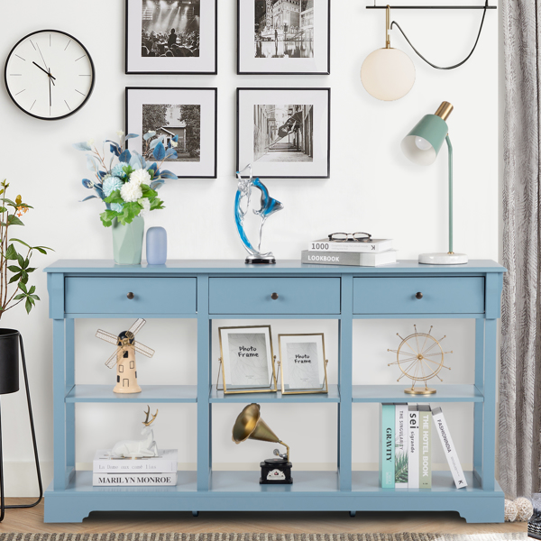 Console Sofa Table with Ample Storage, Retro Kitchen Buffet Cabinet Sideboard with Open Shelves and 3 Drawers, Accent Storage Cabinet for Entryway/Living Room Teal Blue Color