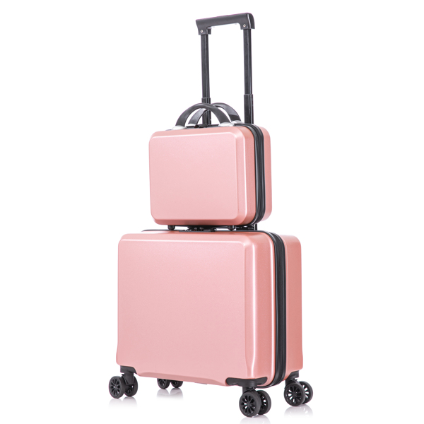 2 Piece Travel Luggage Set Hard shell Suitcase with Spinner Wheels 18” Underseat luggage and 14” Comestic Travel case Toiletry box  Rose Gold