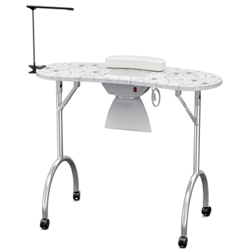 Folding Portable Nail Desk Nail Art Table Workstation with Lockable Wheels,Lamp,Wrist rest White