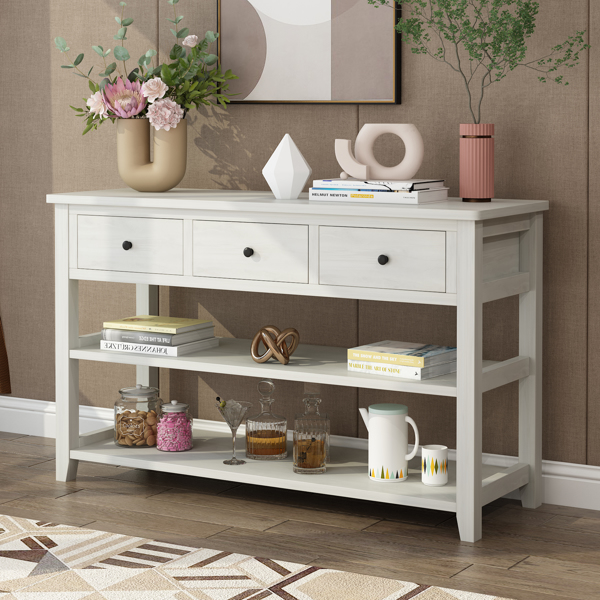 Console Table with Wood Frame and Legs, Sofa Table Entryway Table with 3 Drawers and 2 Open Shelves Antique White