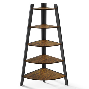 Corner Shelf, 5 Tier Corner Shelf Tall Rustic Multipurpose Bookshelf with 1.96\\'\\' Wide Frame, Industrial Ladder Shelf and Plant Stand with Support Foot Pads for Living Room, Home Office