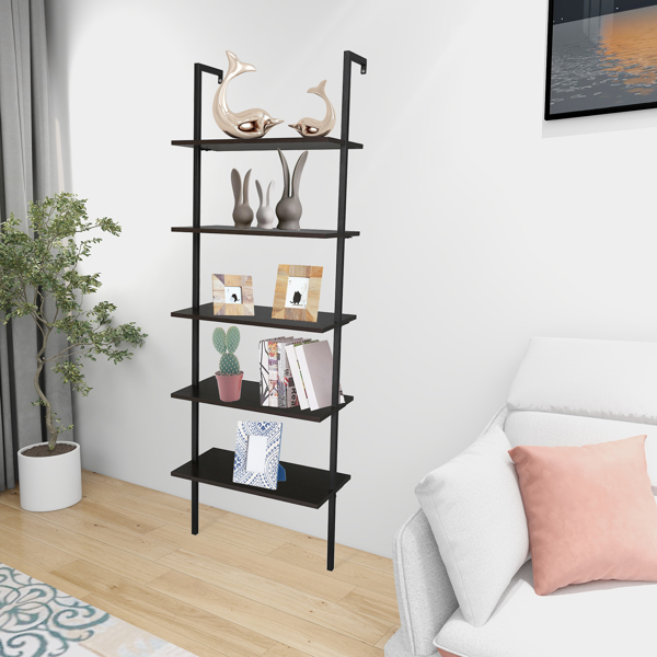 5-Shelf Wood Ladder Bookcase with Metal Frame, Industrial 5-Tier Modern Ladder Shelf Wood Shelves,Dark Walnut