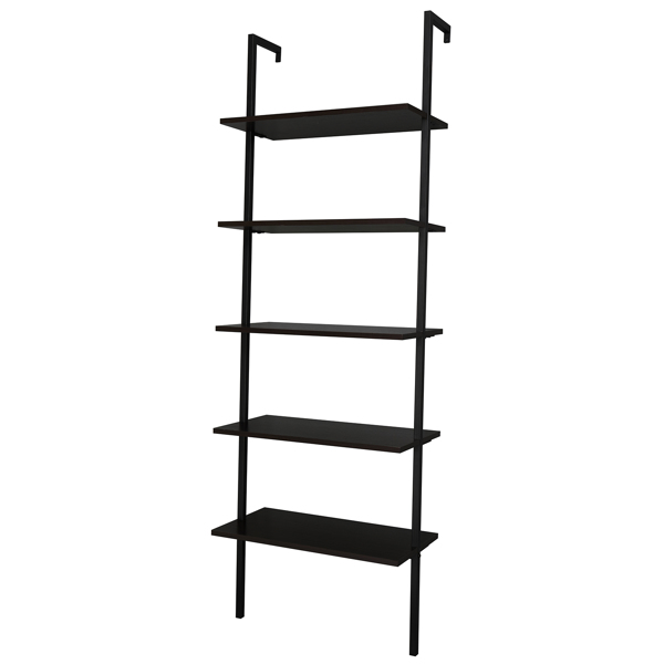 5-Shelf Wood Ladder Bookcase with Metal Frame, Industrial 5-Tier Modern Ladder Shelf Wood Shelves,Dark Walnut