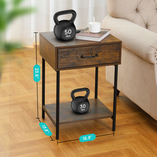 Nightstand with Charging Station, End Table, Side Table with Drawer, Open Storage Shelf, Bedside Table for Bedroom, Living Room, Sofa, Couch