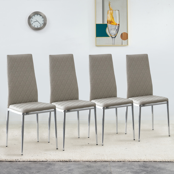 Armless High Back Dining Chair, 4-piece set, Office Chair. Applicable to DiningRoom, Living Room, Kitchen and Office.Grey Chair and Electroplated Metal Leg