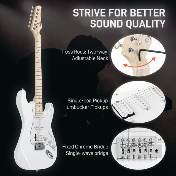 [Do Not Sell on Amazon] Glarry GST Stylish H-S-S Pickup Electric Guitar Kit with 20W AMP Bag Guitar Strap White