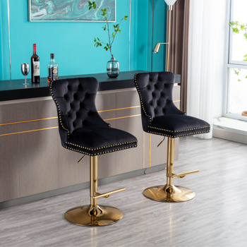 set of 2 Swivel Bar Stools Chair Set of 2 Modern Adjustable Counter Height Bar Stools, Velvet Upholstered Stool with Tufted High Back & Ring Pull for Kitchen , Chrome Golden Base, Black