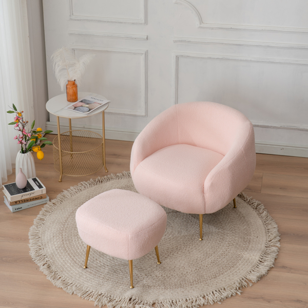 FCH Faux Fur Barrel Accent Chair with Ottoman for Bedroom Living Room Guestroom, Pink