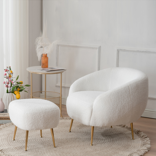 Faux Fur Barrel Accent Chair with Ottoman for Bedroom Living Room Guestroom, White