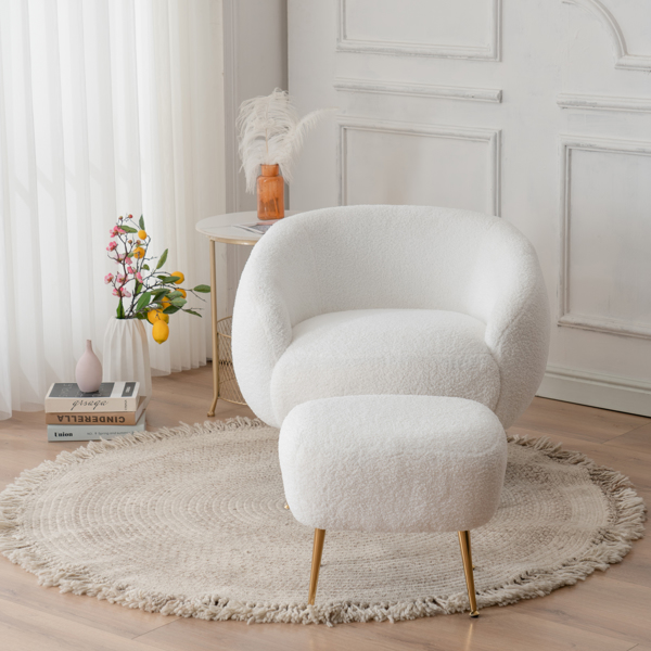 Faux Fur Barrel Accent Chair with Ottoman for Bedroom Living Room Guestroom, White