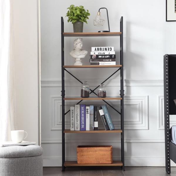 Ladder Shelf Bookcase 5 Tiers | Bookshelf with Open Storage, Metal Frame with Wood Board | Rustic + Black
