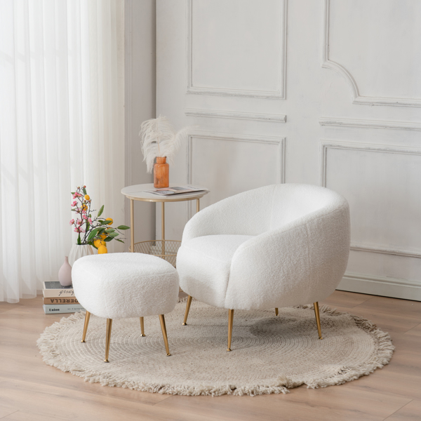 Faux Fur Barrel Accent Chair with Ottoman for Bedroom Living Room Guestroom, White