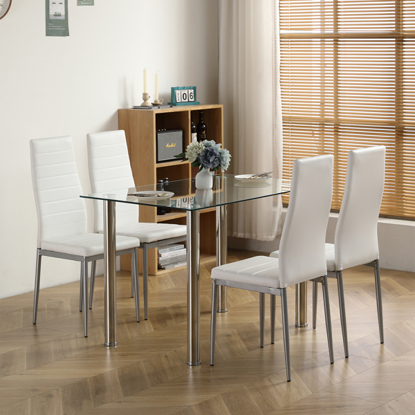  110cm Dining Table Set Tempered Glass Dining Table with 4pcs Chairs Transparent & Creamy White（ Go to new encoding：09951951）