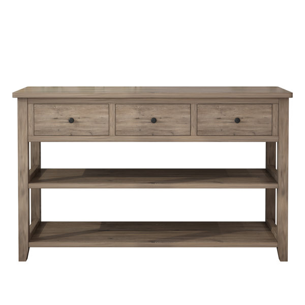Console Table with Wood Frame and Legs, Sofa Table Entryway Table with 3 Drawers and 2 Open Shelves Wash Gray